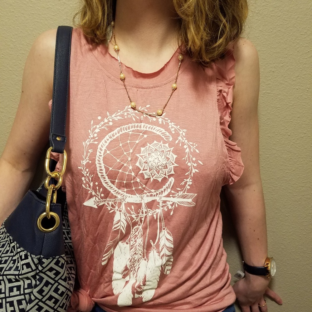 Last 1 XL!Boho Pink Dreamcatcher Ruffle Tank Tunic - Picture 2 of 7